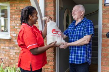 ECL customer and Community Care Assistant taking in food shopping